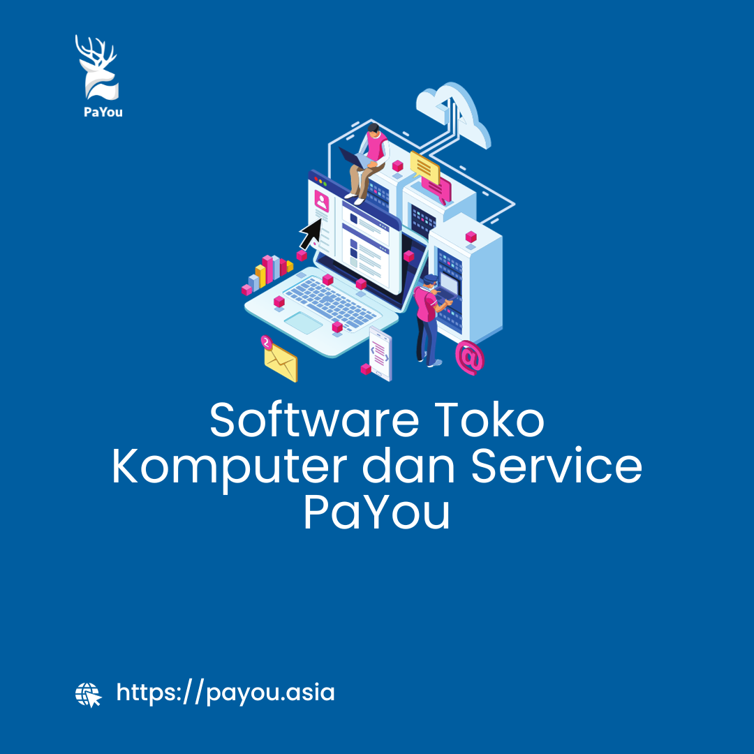Illustrasi gambar menampilkan antarmuka perangkat lunak toko komputer dan layanan, menonjolkan integrasi yang efisien antara penjualan perangkat keras komputer dan jasa layanan teknis.