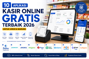 Ilustrasi aplikasi kasir online gratis terbaik 2026 untuk UMKM dan warung dengan fitur kasir digital, cetak struk, manajemen stok, laporan penjualan, dan akses melalui perangkat mobile.