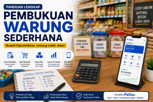 Ilustrasi cara membuat pembukuan warung sederhana dengan pencatatan pembelian, penjualan, stok barang, pemisahan uang usaha dan pribadi, serta laporan keuangan menggunakan aplikasi kasir untuk warung sembako.