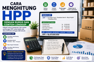 Ilustrasi cara menghitung HPP (Harga Pokok Penjualan) dengan rumus dan contoh lengkap, menampilkan perhitungan persediaan awal, pembelian bersih, biaya angkut, persediaan akhir, kalkulator, dashboard HPP, dan laporan keuangan untuk membantu usaha menghitung biaya produk dan menentukan harga jual dengan tepat.