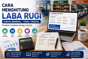 Ilustrasi cara menghitung laba rugi usaha bengkel, toko, dan rental dengan contoh laporan laba rugi, perhitungan pendapatan, biaya operasional, laba bersih, grafik keuangan, serta dashboard software pembukuan untuk membantu pemilik usaha menganalisis keuntungan bisnis secara akurat.