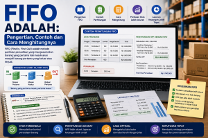 Ilustrasi FIFO (First In, First Out) yang menjelaskan pengertian, contoh, dan cara menghitung metode penilaian persediaan berdasarkan urutan barang masuk, lengkap dengan contoh perhitungan HPP, sisa stok, dan laporan laba rugi.