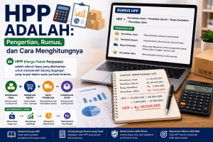 Ilustrasi HPP adalah Harga Pokok Penjualan yang menjelaskan pengertian, rumus HPP, komponen perhitungan, dan cara menghitung HPP menggunakan contoh persediaan awal, pembelian bersih, biaya pembelian, dan persediaan akhir untuk mengetahui harga pokok produk dan laba usaha.