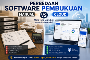 Ilustrasi perbandingan software pembukuan manual dan software pembukuan berbasis cloud untuk usaha kecil, menampilkan pencatatan menggunakan buku kas di satu sisi dan dashboard pembukuan digital real-time di sisi lain sebagai panduan memilih solusi pembukuan terbaik.